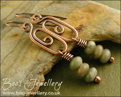 Long elegant spiral link earrings with Peace Jade rondelle stack - made to order