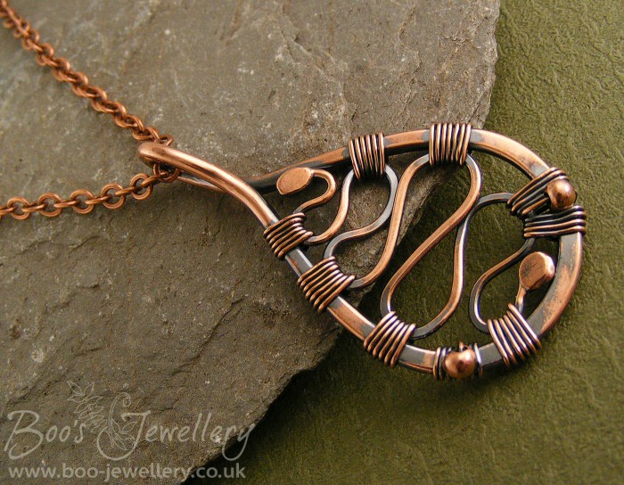 Teardrop loop copper pendant wire wrapped with squiggles