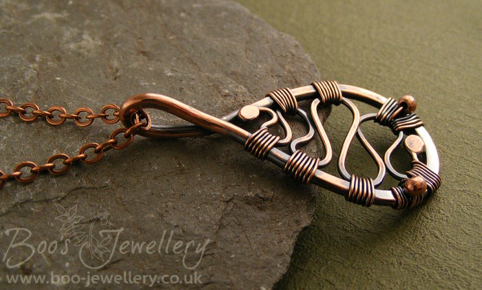 Teardrop loop copper pendant wire wrapped with squiggles