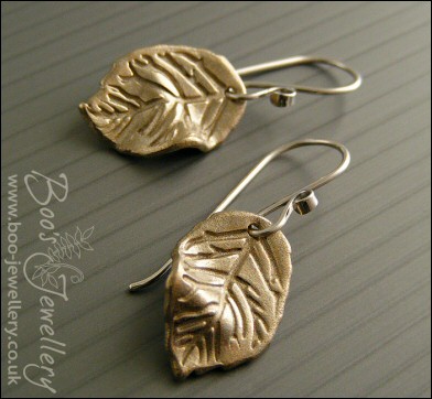 White bronze beech style leaf and silver earrings