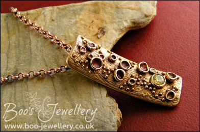 Bronze bark pendant featuring tiny resin filled cup fungi