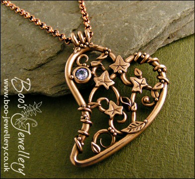 Filigree heart pendant with ivy leaves, berries and a CZ gemstone