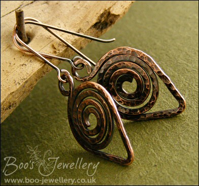 Dark copper hammered texture leaf spiral earrings