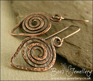 Dark copper hammered texture leaf spiral earrings