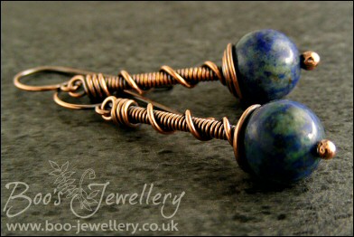 Chrysocolla and antiqued copper coil on coil earrings