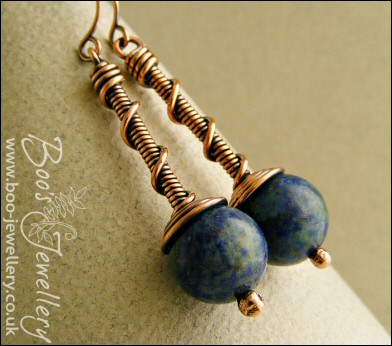 Chrysocolla and antiqued copper coil on coil earrings