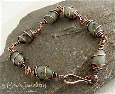 Antiqued copper and sesame jasper spiral wrapped bracelet