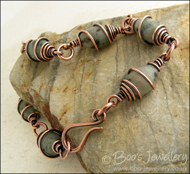 Antiqued copper and sesame jasper spiral wrapped bracelet