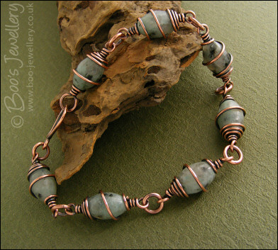 Antiqued copper and sesame jasper spiral wrapped bracelet