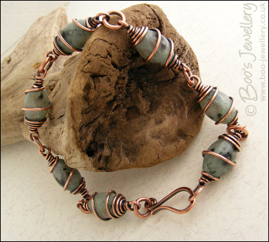 Antiqued copper and sesame jasper spiral wrapped bracelet
