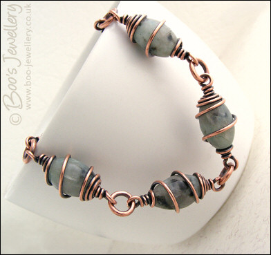 Antiqued copper and sesame jasper spiral wrapped bracelet