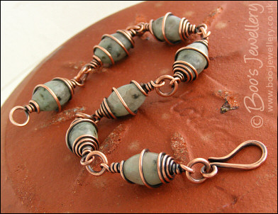 Antiqued copper and sesame jasper spiral wrapped bracelet