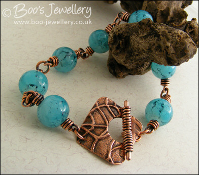 Turquoise glass marble and antiqued copper toggle bracelet