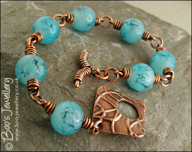 Turquoise glass marble and antiqued copper toggle bracelet