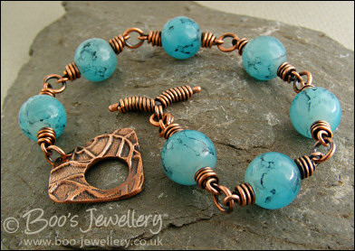 Turquoise glass marble and antiqued copper toggle bracelet