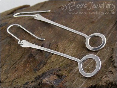 Long drop Sterling silver hammered circle earrings