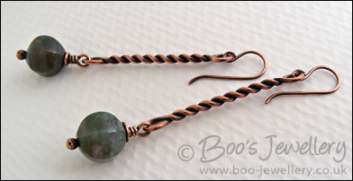 RESERVED - Antiqued copper twist earrings with Indian Fancy Jasper drops