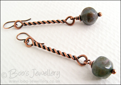RESERVED - Antiqued copper twist earrings with Indian Fancy Jasper drops
