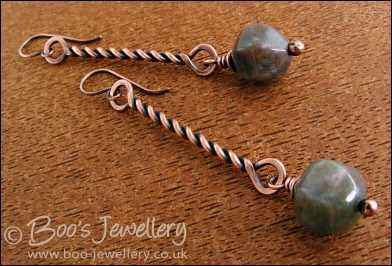 RESERVED - Antiqued copper twist earrings with Indian Fancy Jasper drops