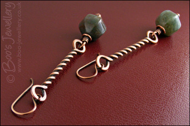 RESERVED - Antiqued copper twist earrings with Indian Fancy Jasper drops