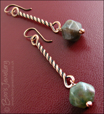 RESERVED - Antiqued copper twist earrings with Indian Fancy Jasper drops