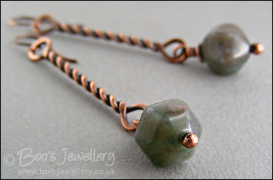 RESERVED - Antiqued copper twist earrings with Indian Fancy Jasper drops