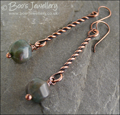 RESERVED - Antiqued copper twist earrings with Indian Fancy Jasper drops
