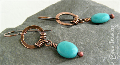Hammered antiqued copper circle earrings with turquoise