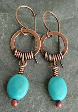 Hammered antiqued copper circle earrings with turquoise