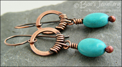 Hammered antiqued copper circle earrings with turquoise