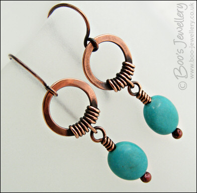 Hammered antiqued copper circle earrings with turquoise