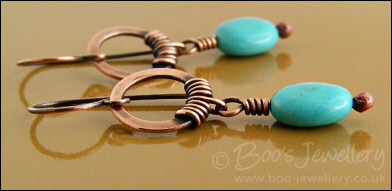 Hammered antiqued copper circle earrings with turquoise