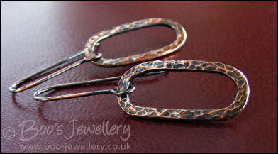 Hammered and oxidised copper long oval earrings