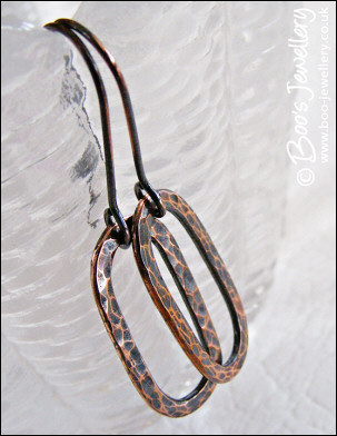 Hammered and oxidised copper long oval earrings