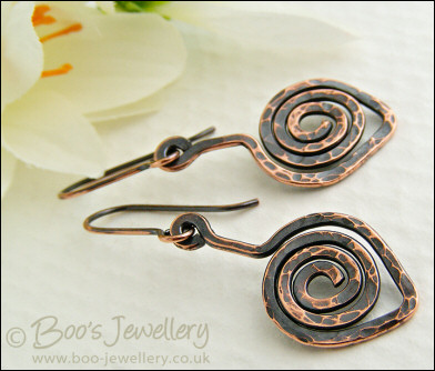 Hammered copper spiral leaf earrings