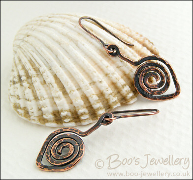 Hammered copper spiral leaf earrings