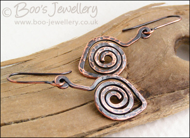 Hammered copper spiral leaf earrings
