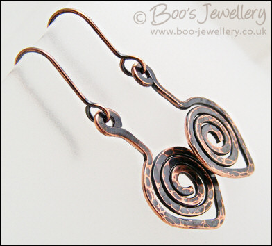 Hammered copper spiral leaf earrings