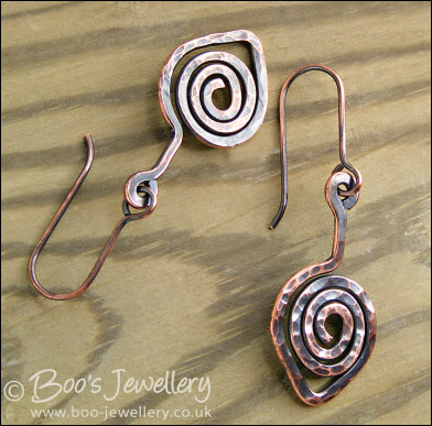 Hammered copper spiral leaf earrings