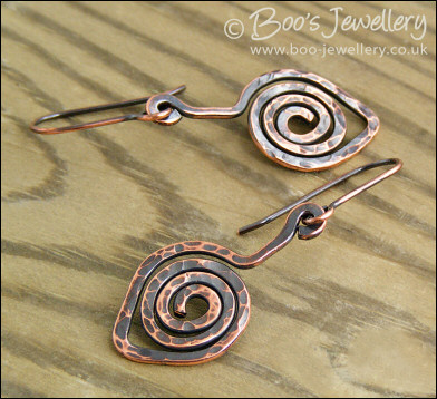 Hammered copper spiral leaf earrings