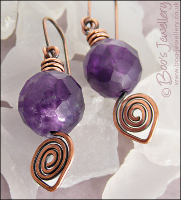 Antiqued copper leaf spiral and amethyst earrings