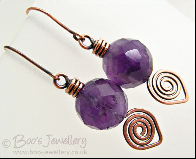 Antiqued copper leaf spiral and amethyst earrings
