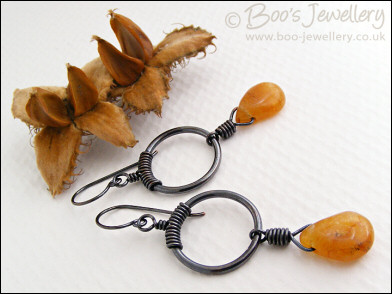 Oxidised copper loop earrings with honey opal briolettes