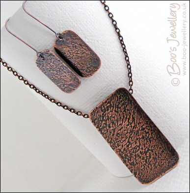 Antiqued copper pendant and earring set - hand textured