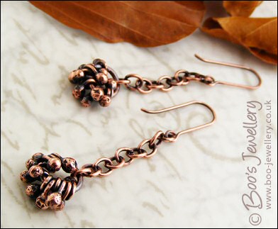 Antiqued copper chain drop earrings with molten raindrops cluster - made to order