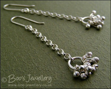 Molten silver raindrops cluster earrings on silver chain - made to order