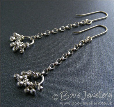 Molten silver raindrops cluster earrings on silver chain - made to order