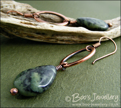 Antiqued copper oval link earrings with Chinese green jade