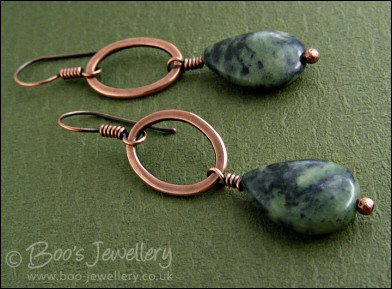 Antiqued copper oval link earrings with Chinese green jade