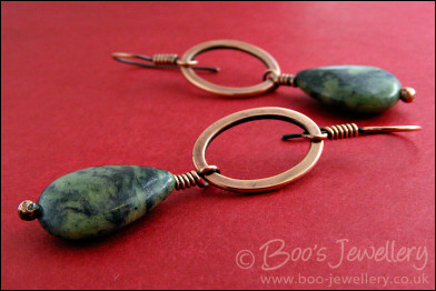 Antiqued copper oval link earrings with Chinese green jade
